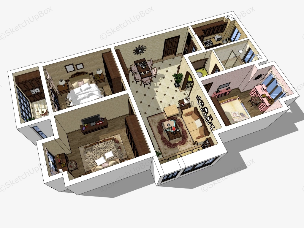 3 Bedroom House Interior Design sketchup model preview - SketchupBox