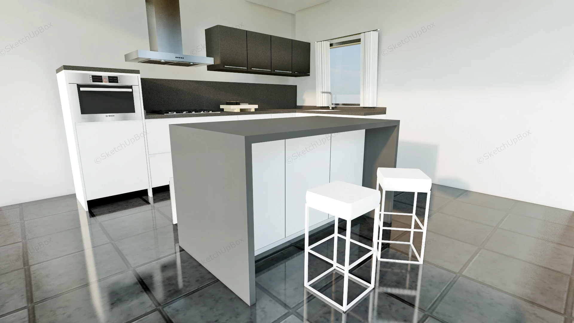 Small White And Black Kitchen With Island sketchup model preview - SketchupBox