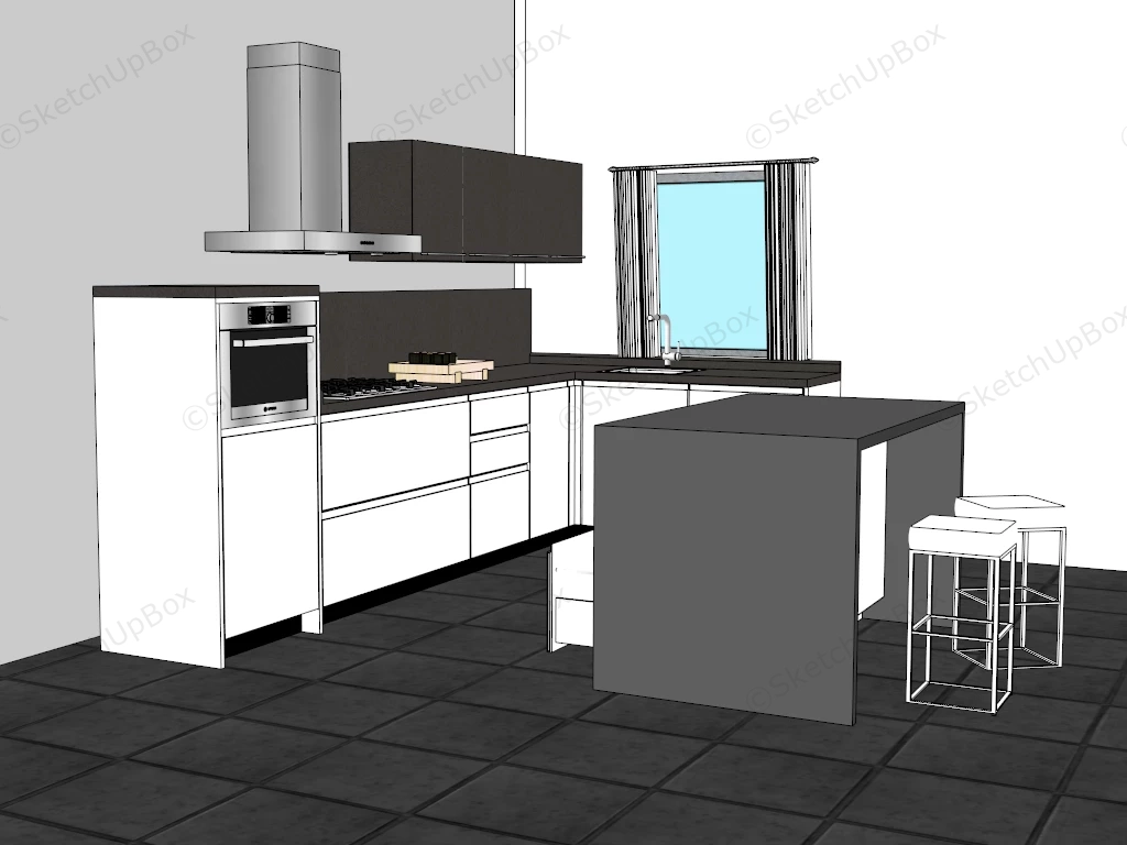 Small White And Black Kitchen With Island sketchup model preview - SketchupBox