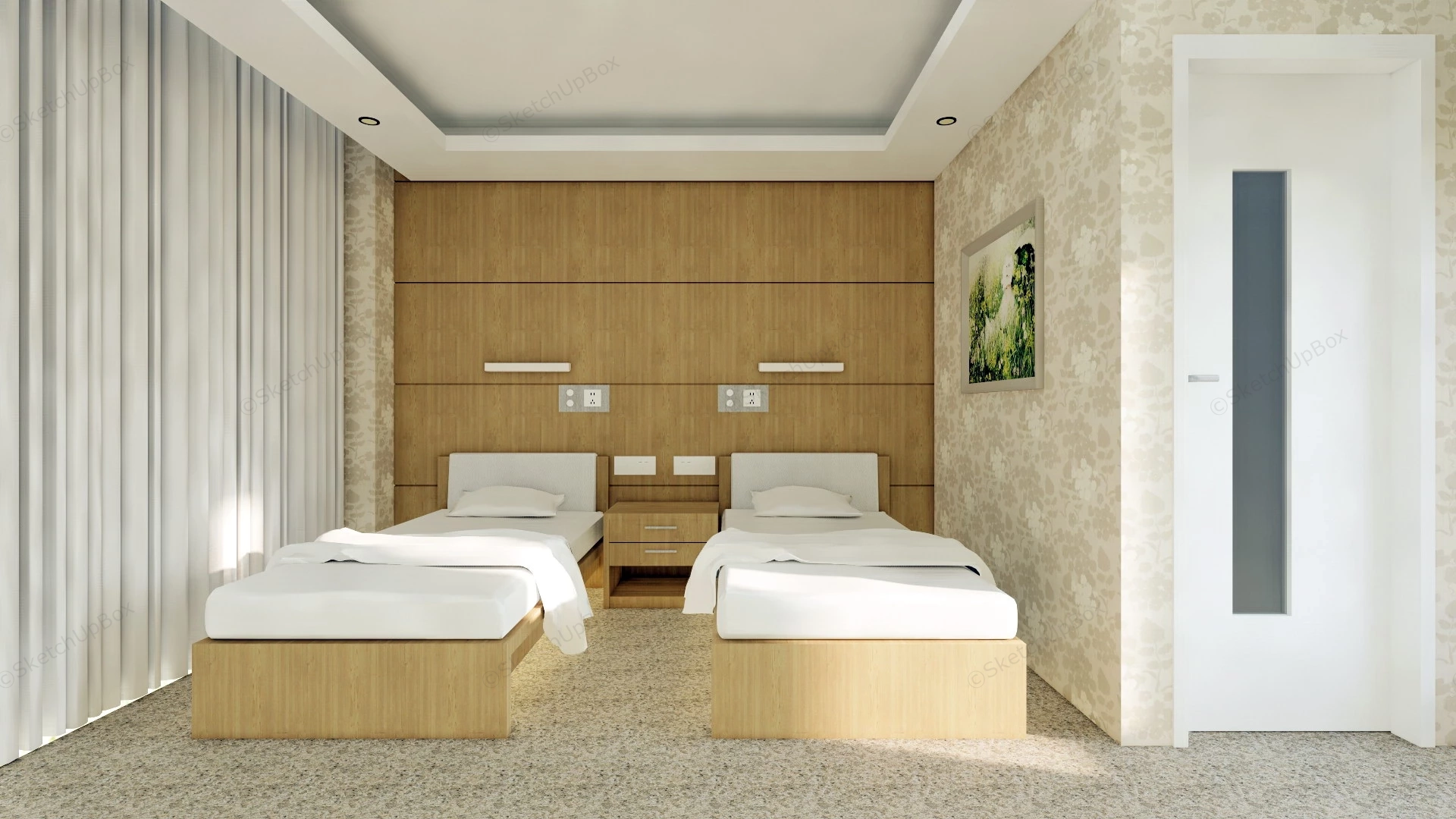 Economy Twin Bed Hotel Room sketchup model preview - SketchupBox