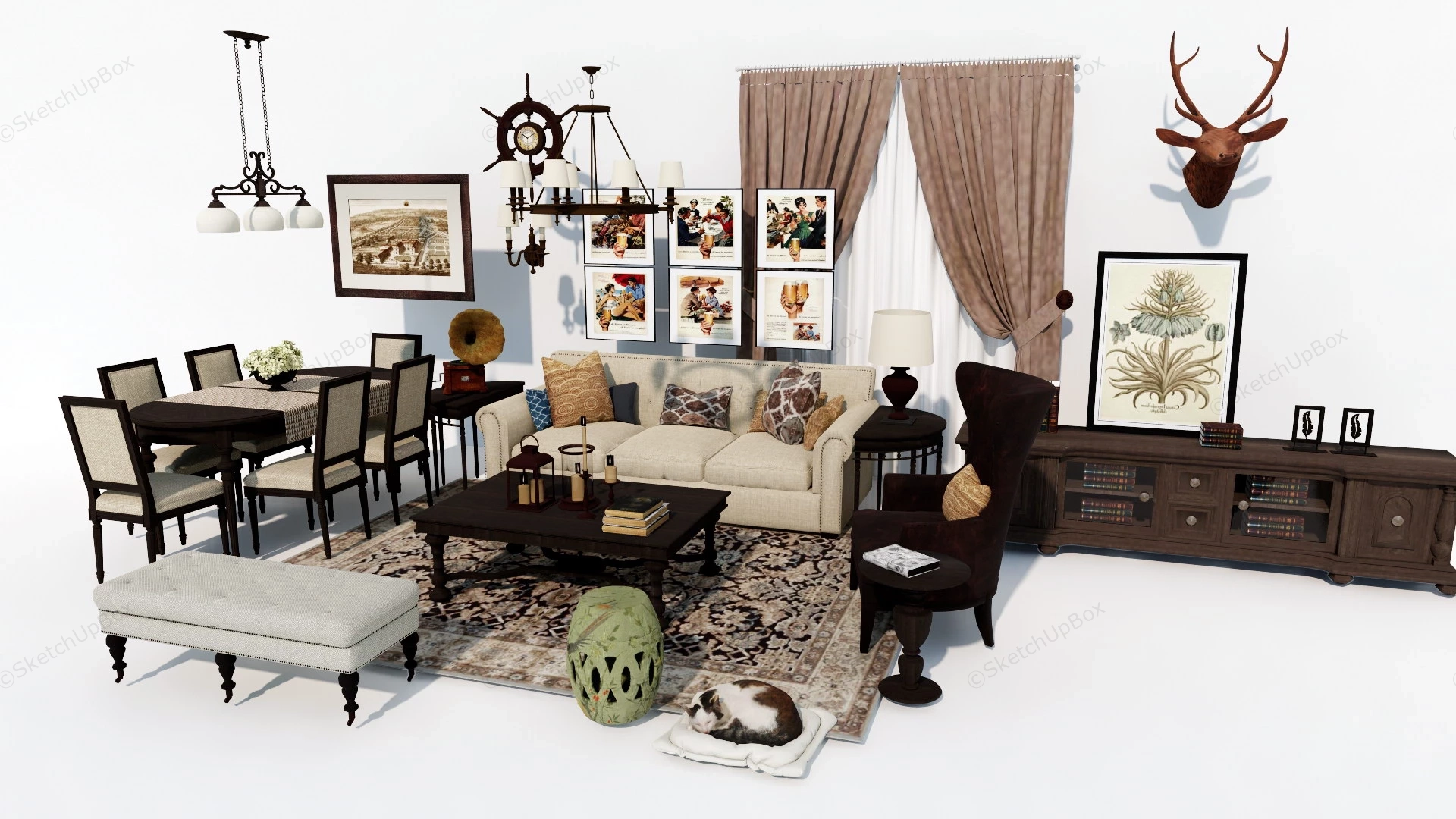 Traditional Living Room Dining Room Furniture Set sketchup model preview - SketchupBox