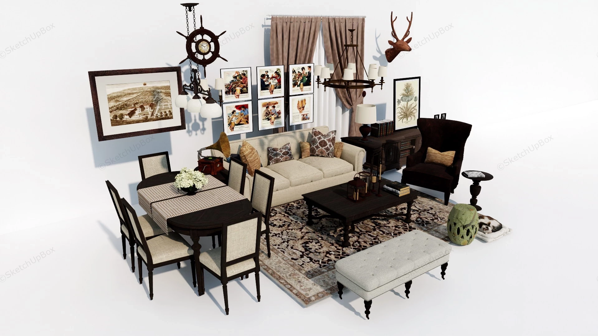 Traditional Living Room Dining Room Furniture Set sketchup model preview - SketchupBox