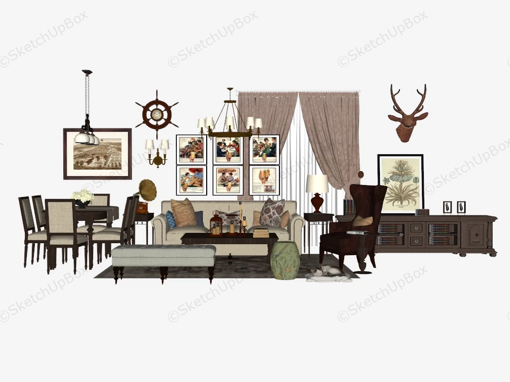 Traditional Living Room Dining Room Furniture Set sketchup model preview - SketchupBox