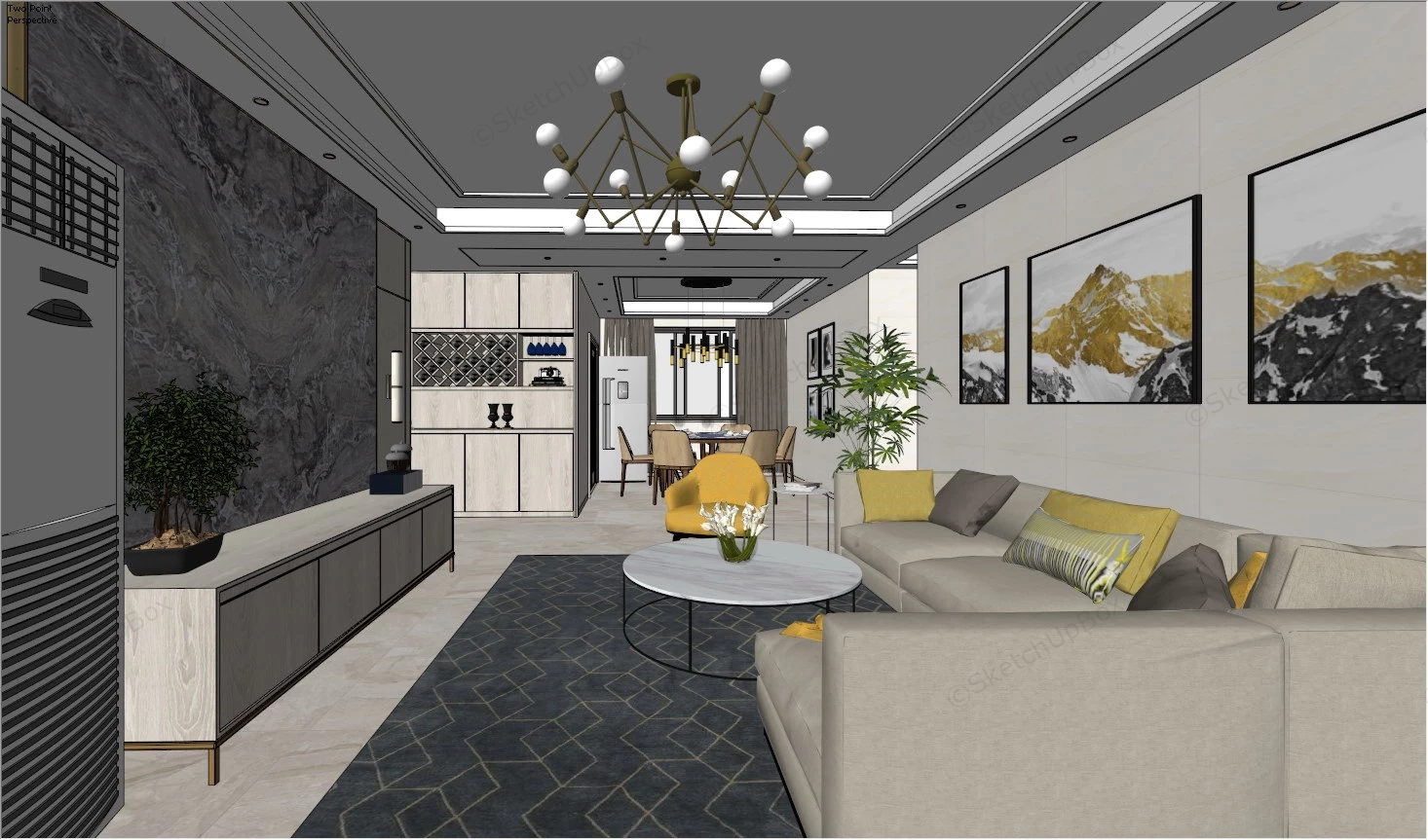 Living Room Dining Room Interior Combo sketchup model preview - SketchupBox