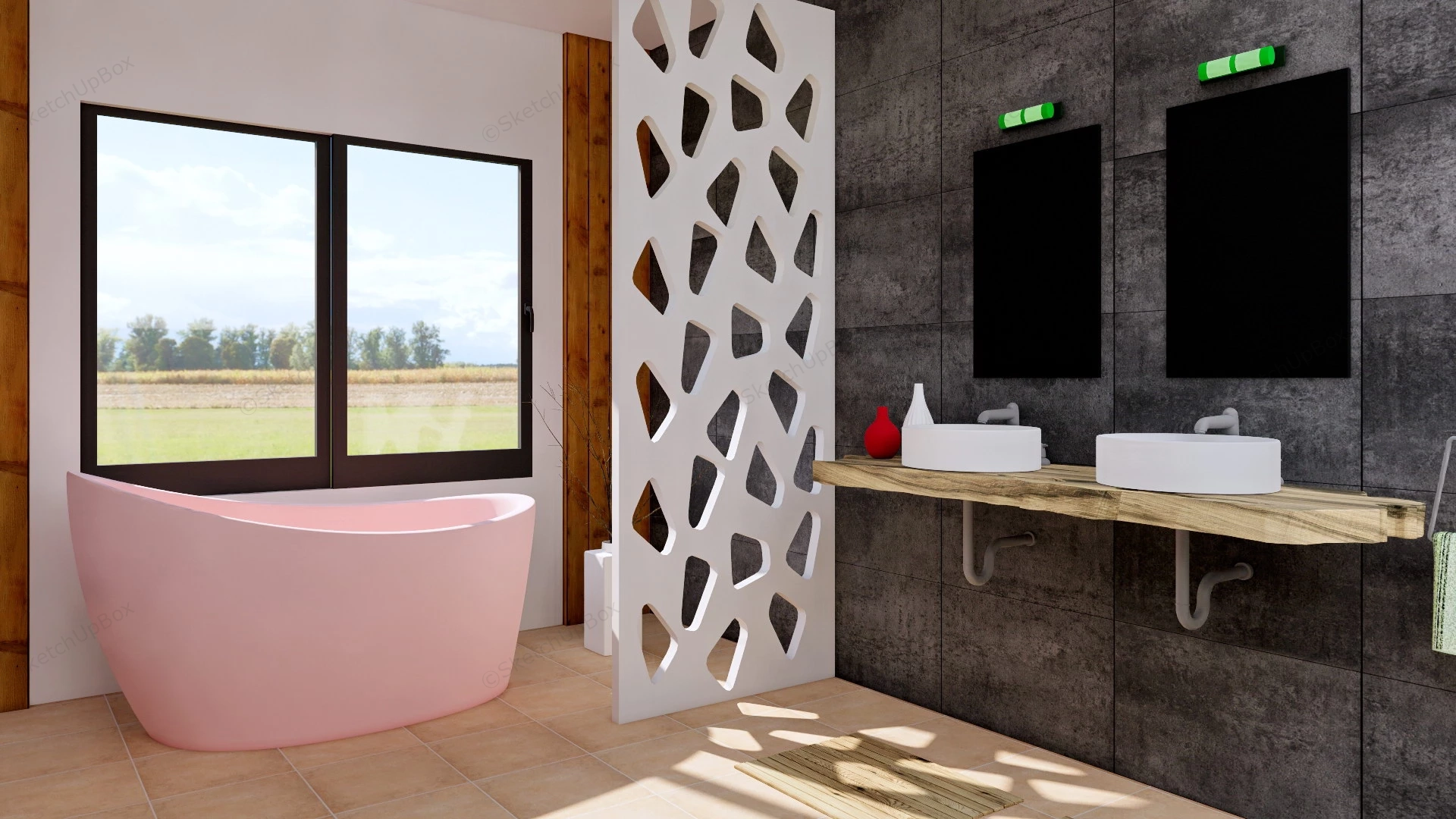 Rustic Bathroom With Pink Tub sketchup model preview - SketchupBox