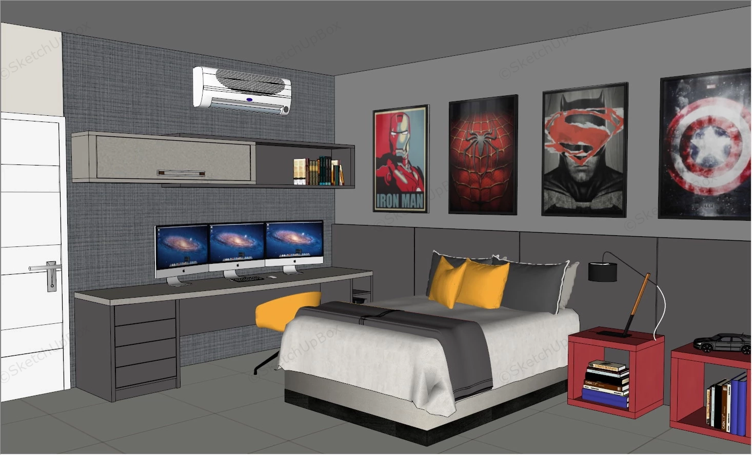 Cool Teen Boy Bedroom sketchup model preview - SketchupBox