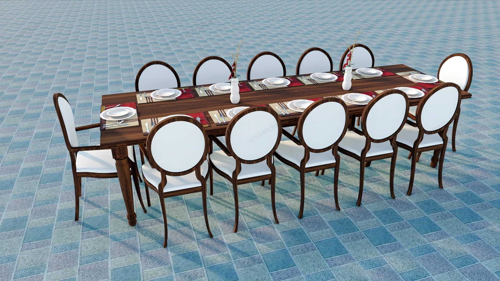 Extra Long Dining Table Set sketchup model preview - SketchupBox