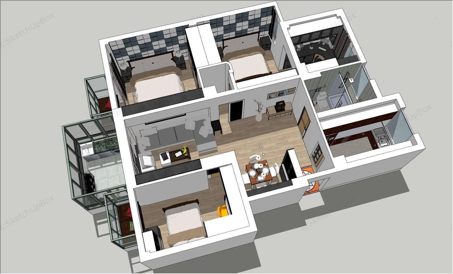 3 Bedroom Apartment Floor Plans sketchup model preview - SketchupBox