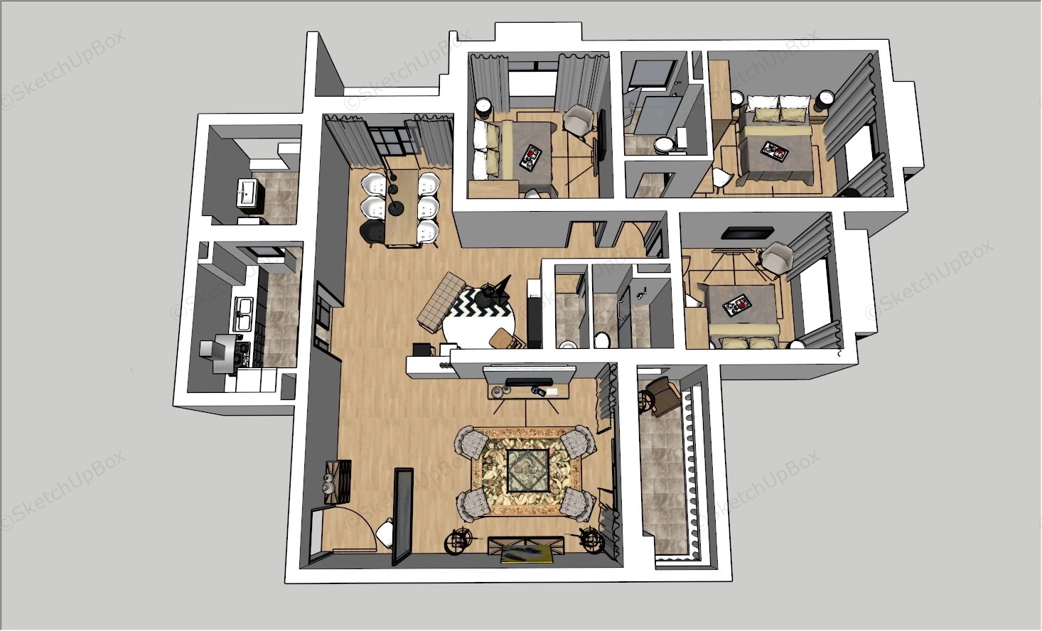 Three Bedroom House Floor Plan sketchup model preview - SketchupBox