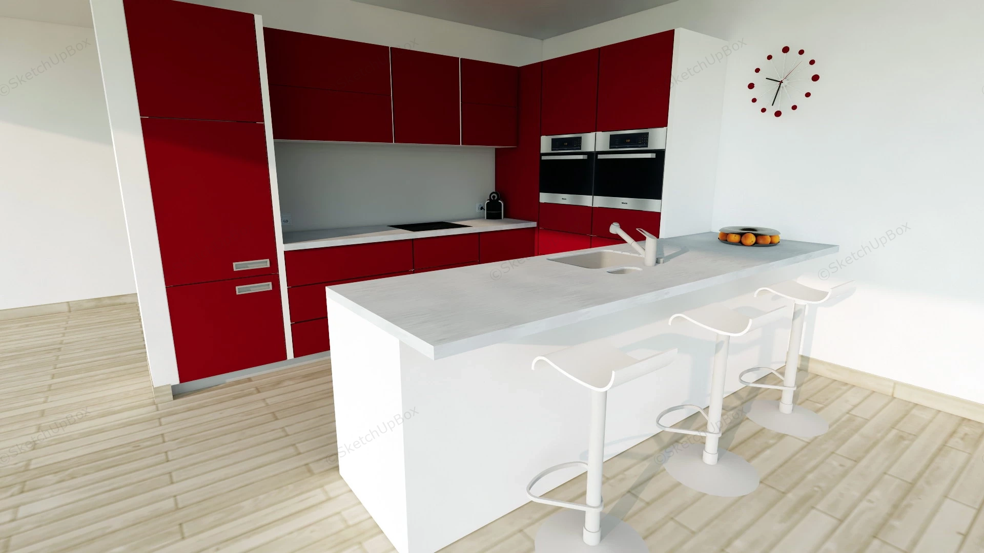 Red And White Kitchen With Bar sketchup model preview - SketchupBox