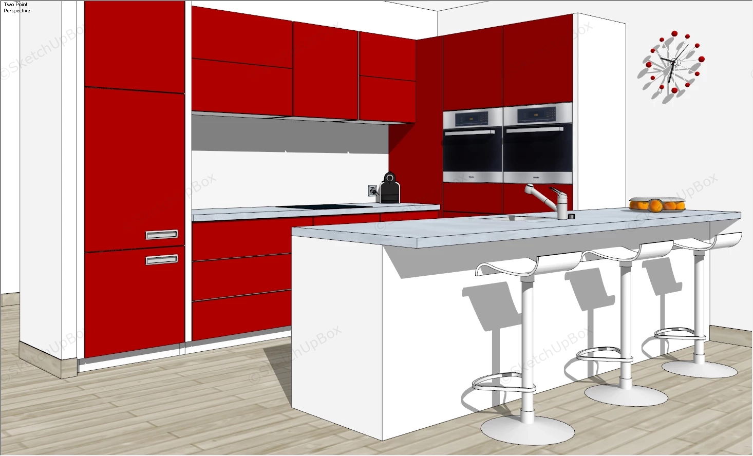 Red And White Kitchen With Bar sketchup model preview - SketchupBox