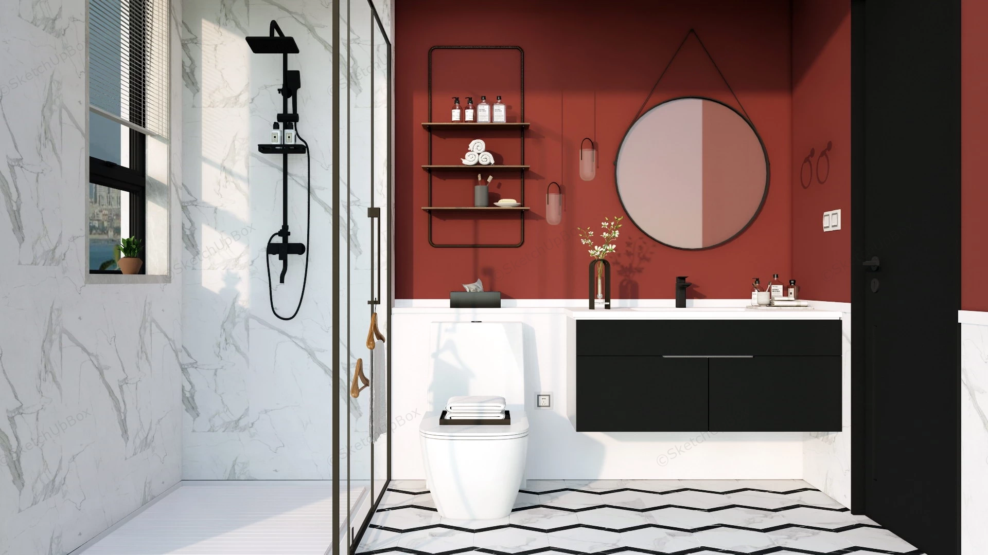 Red Black And White Bathroom Ideas sketchup model preview - SketchupBox