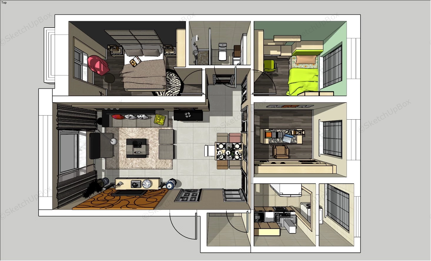 Small 2 Bedroom House Plan sketchup model preview - SketchupBox