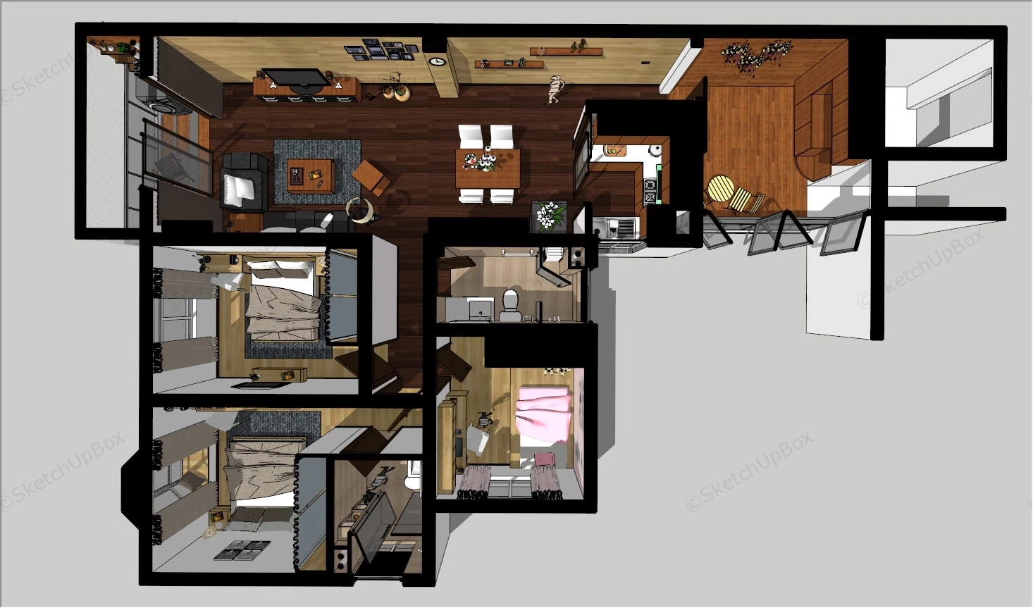 3 Bedroom Family Floor Plan sketchup model preview - SketchupBox