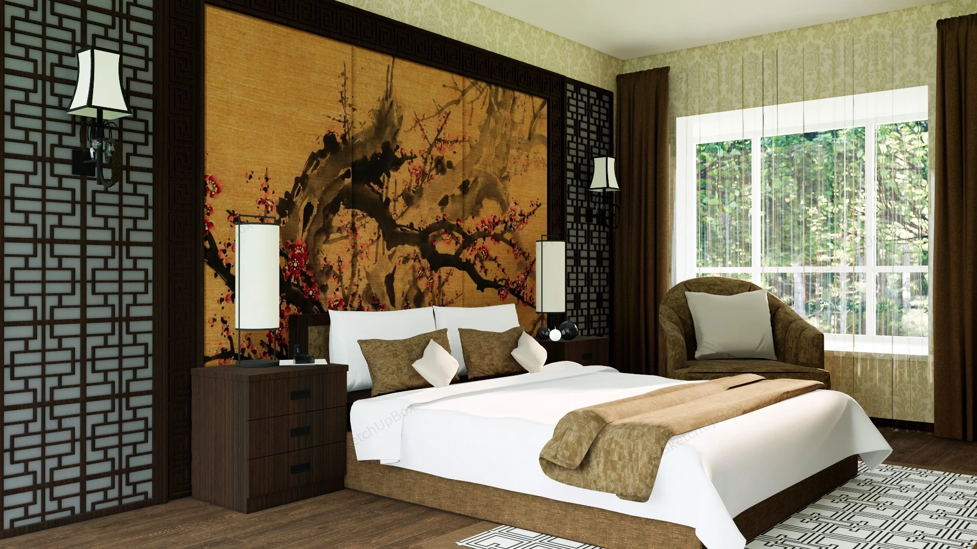 Asian Themed Bedroom With Accent Wall sketchup model preview - SketchupBox