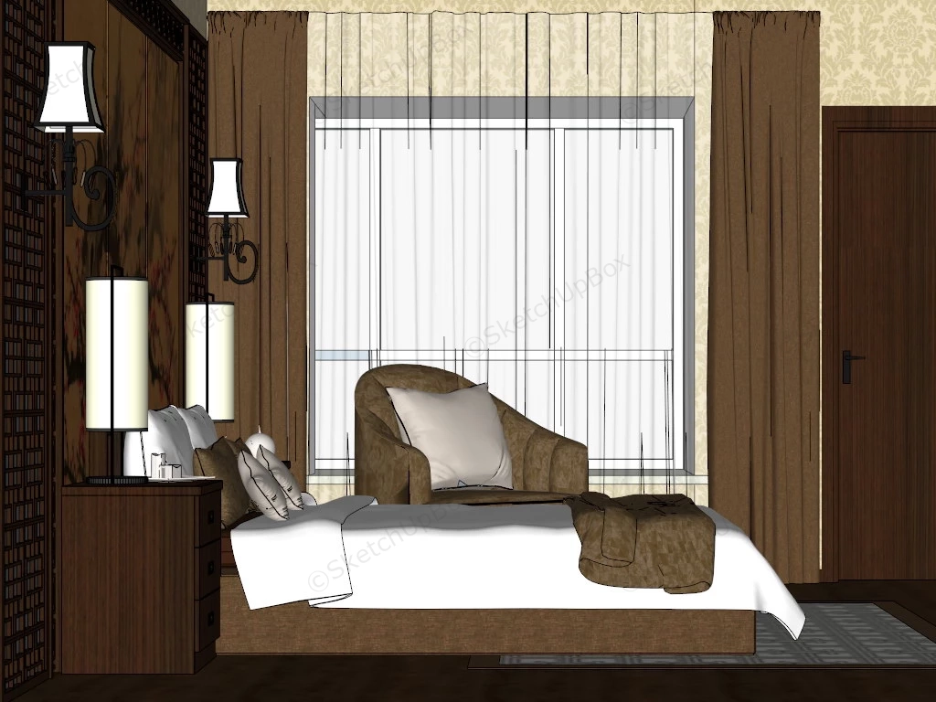 Asian Themed Bedroom With Accent Wall sketchup model preview - SketchupBox