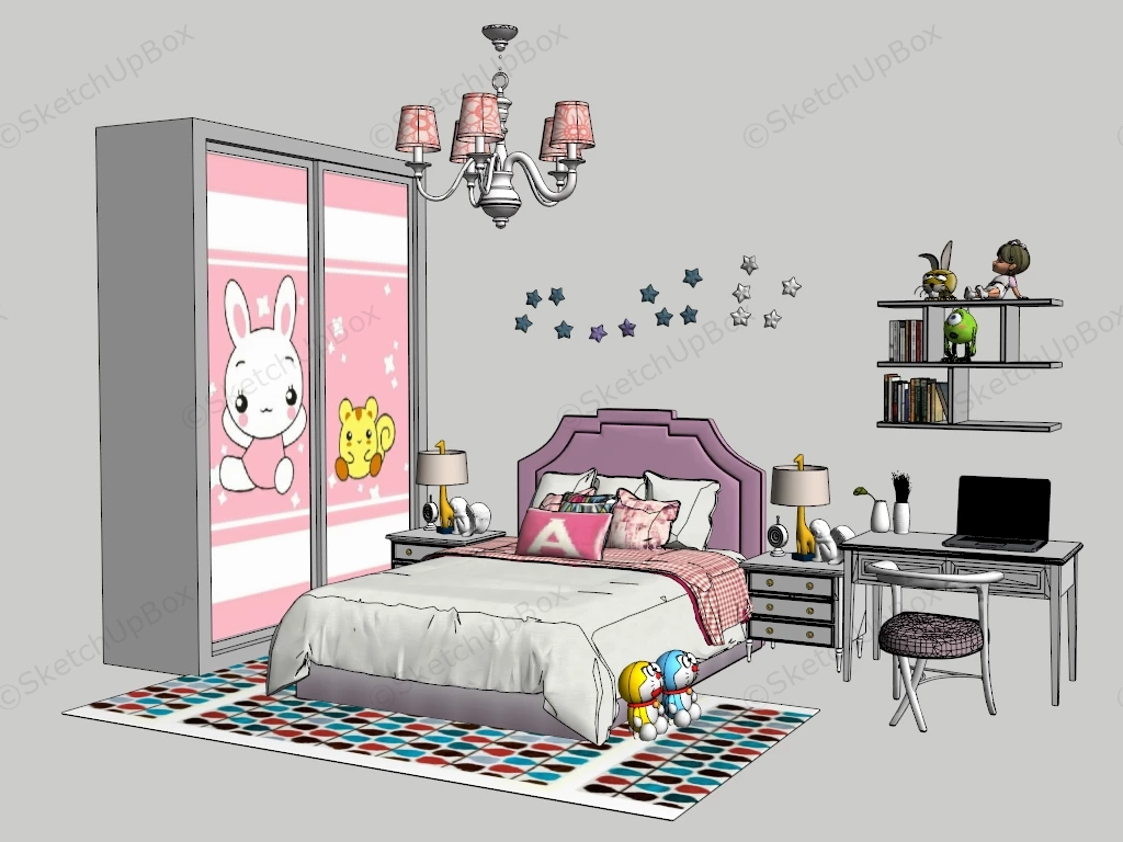 Teen Girl Bedroom With Desk sketchup model preview - SketchupBox