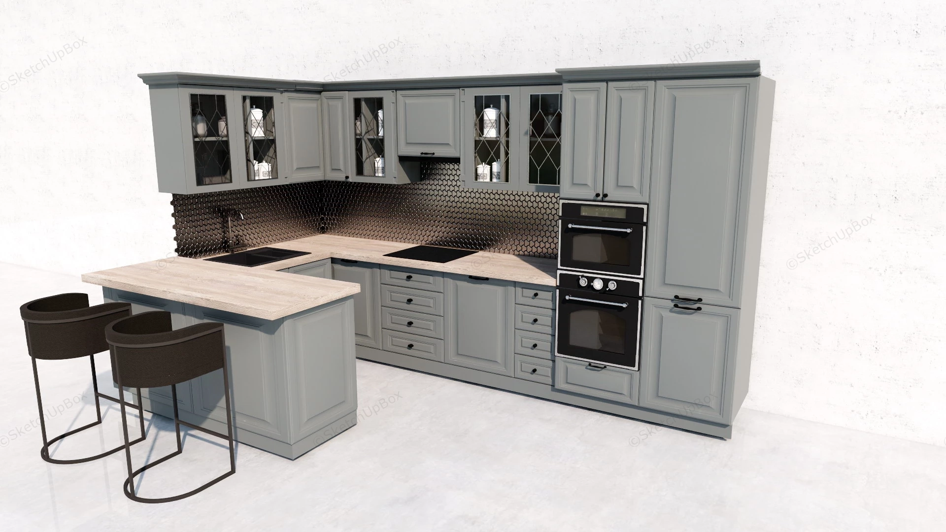 Grey Kitchen Cabinets With Breakfast Bar sketchup model preview - SketchupBox