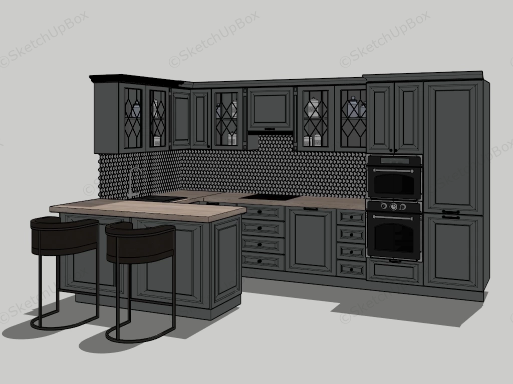 Grey Kitchen Cabinets With Breakfast Bar sketchup model preview - SketchupBox