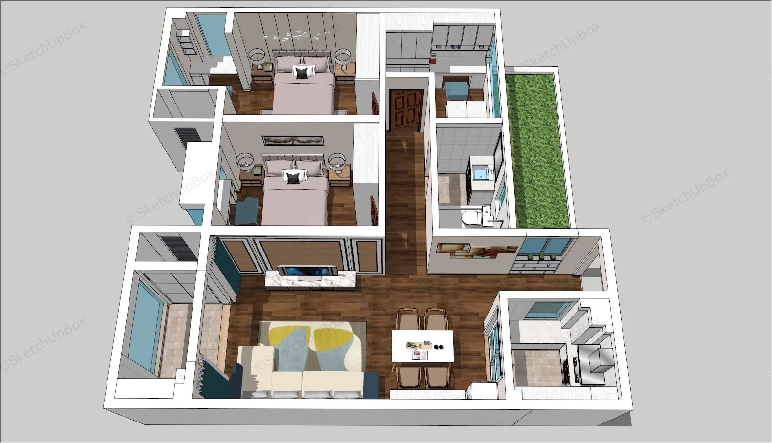 2 Bedroom Apartment Interior sketchup model preview - SketchupBox