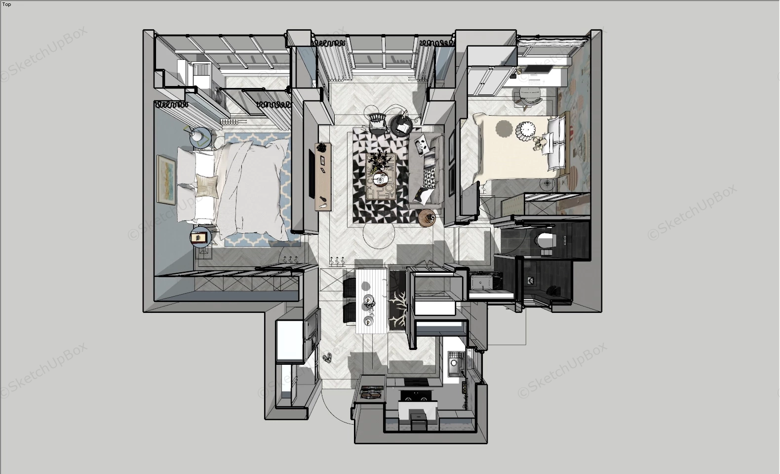 Small 2 Bedroom Apartment Interior sketchup model preview - SketchupBox