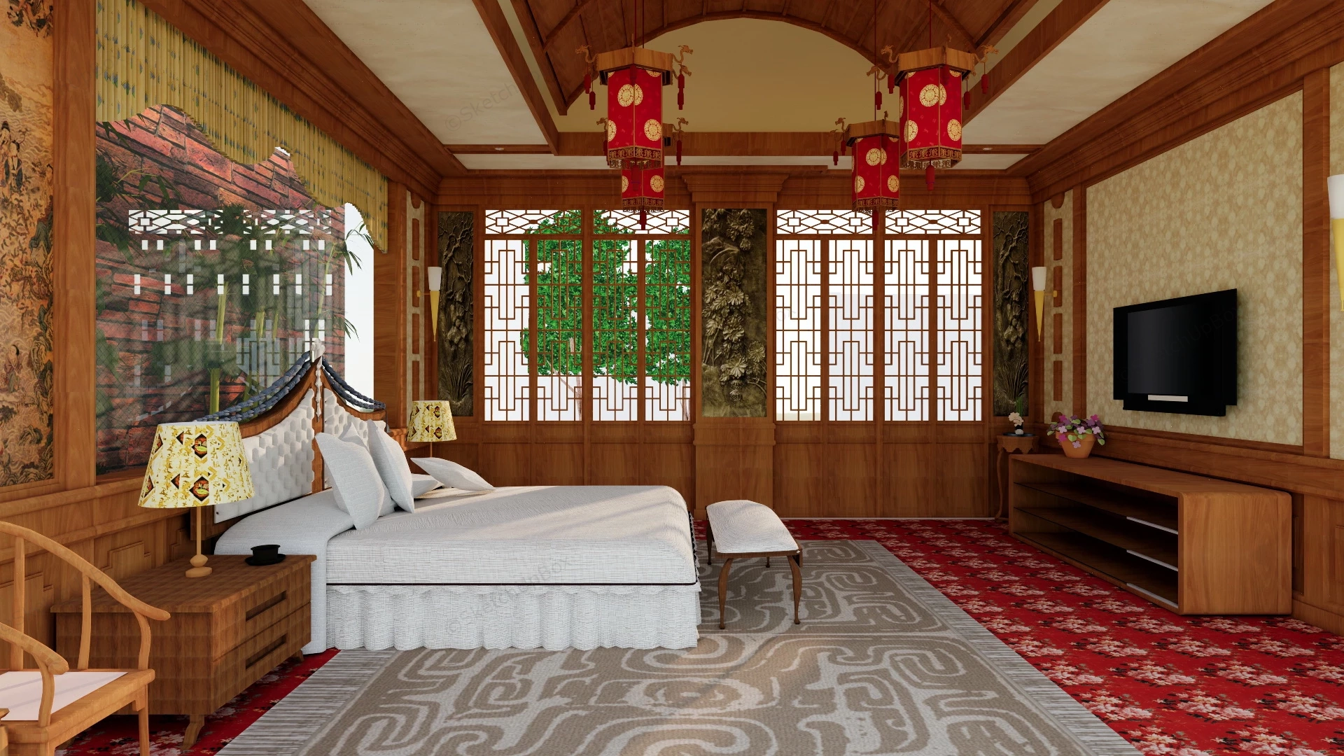 Traditional Chinese Bedroom sketchup model preview - SketchupBox