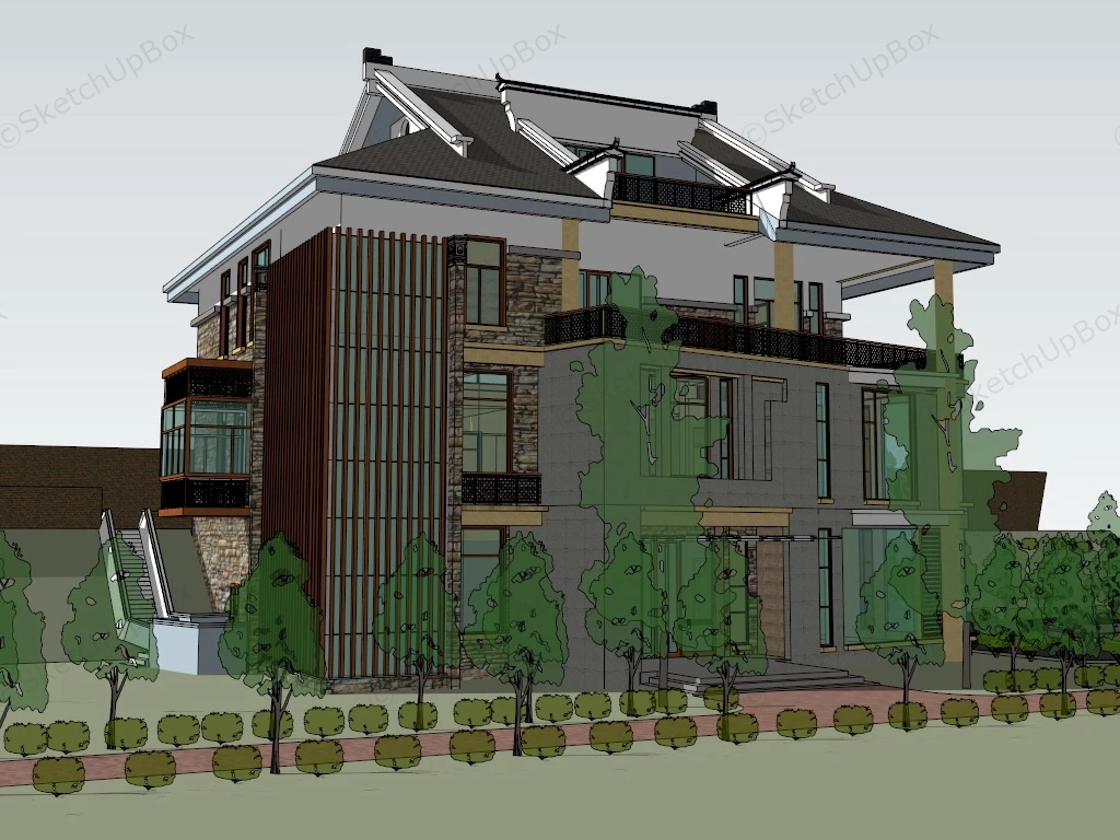 Modern Chinese Style House sketchup model preview - SketchupBox