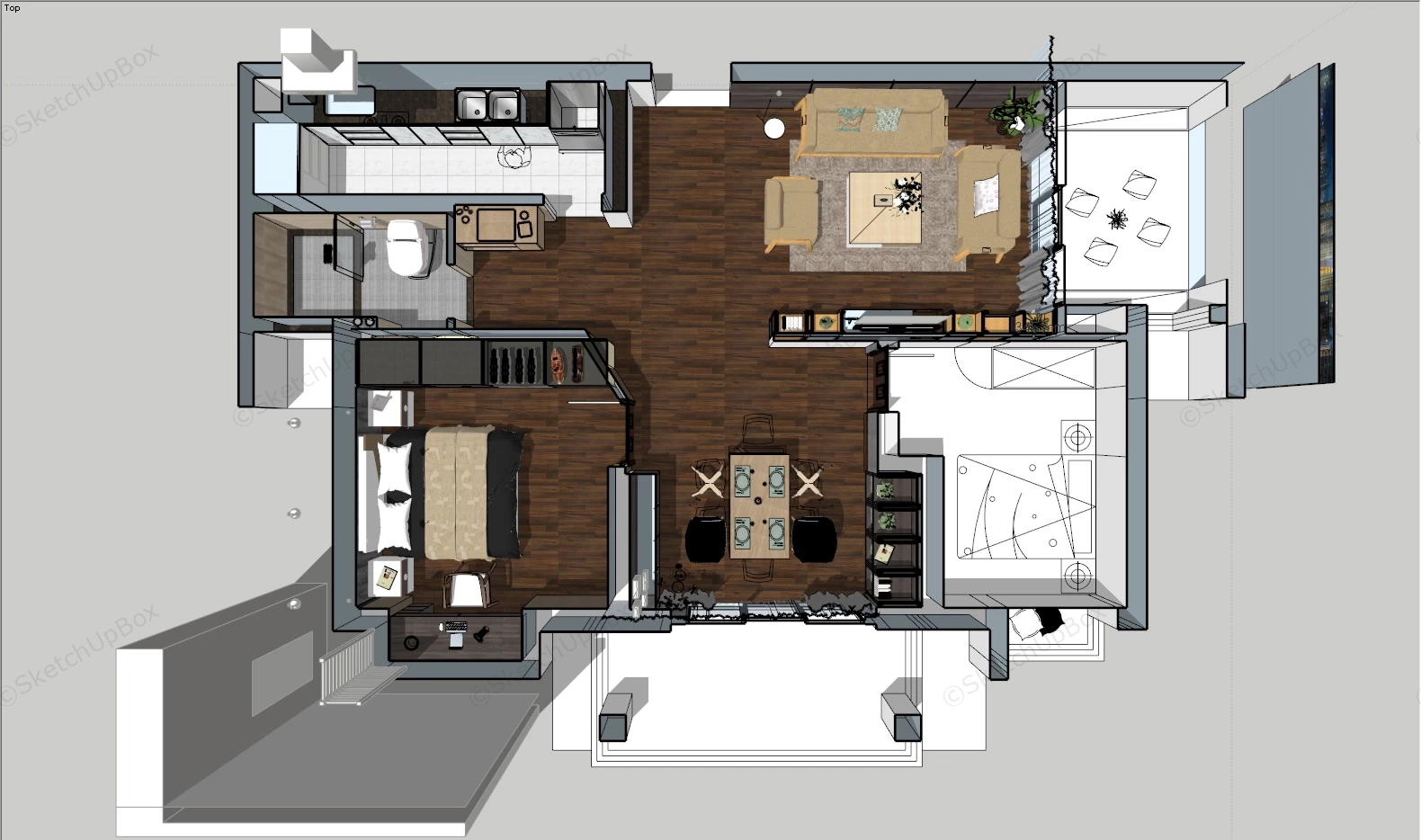 2 Bedroom Apartment Plan sketchup model preview - SketchupBox