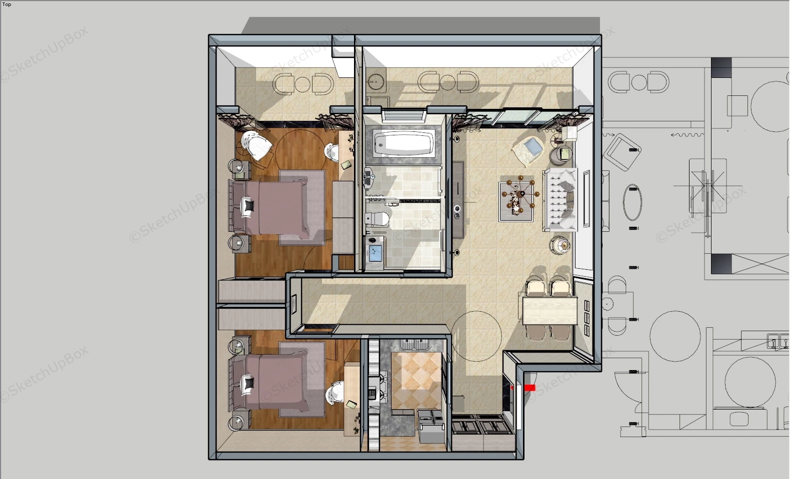 2 Bedroom Apartment Layout Design sketchup model preview - SketchupBox