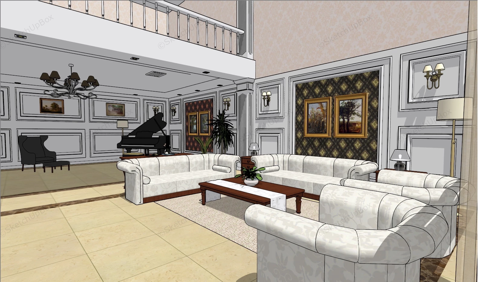 Loft Living Room Interior sketchup model preview - SketchupBox