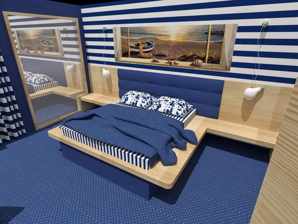 Blue And Wood Bedroom sketchup model preview - SketchupBox