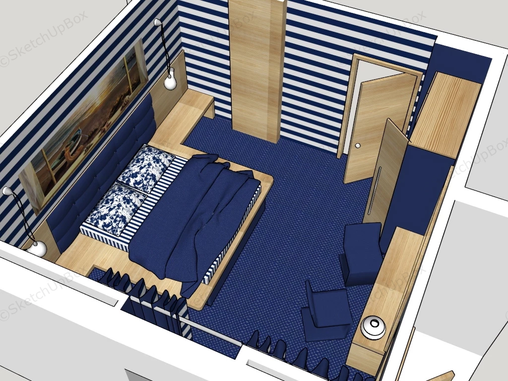 Blue And Wood Bedroom sketchup model preview - SketchupBox