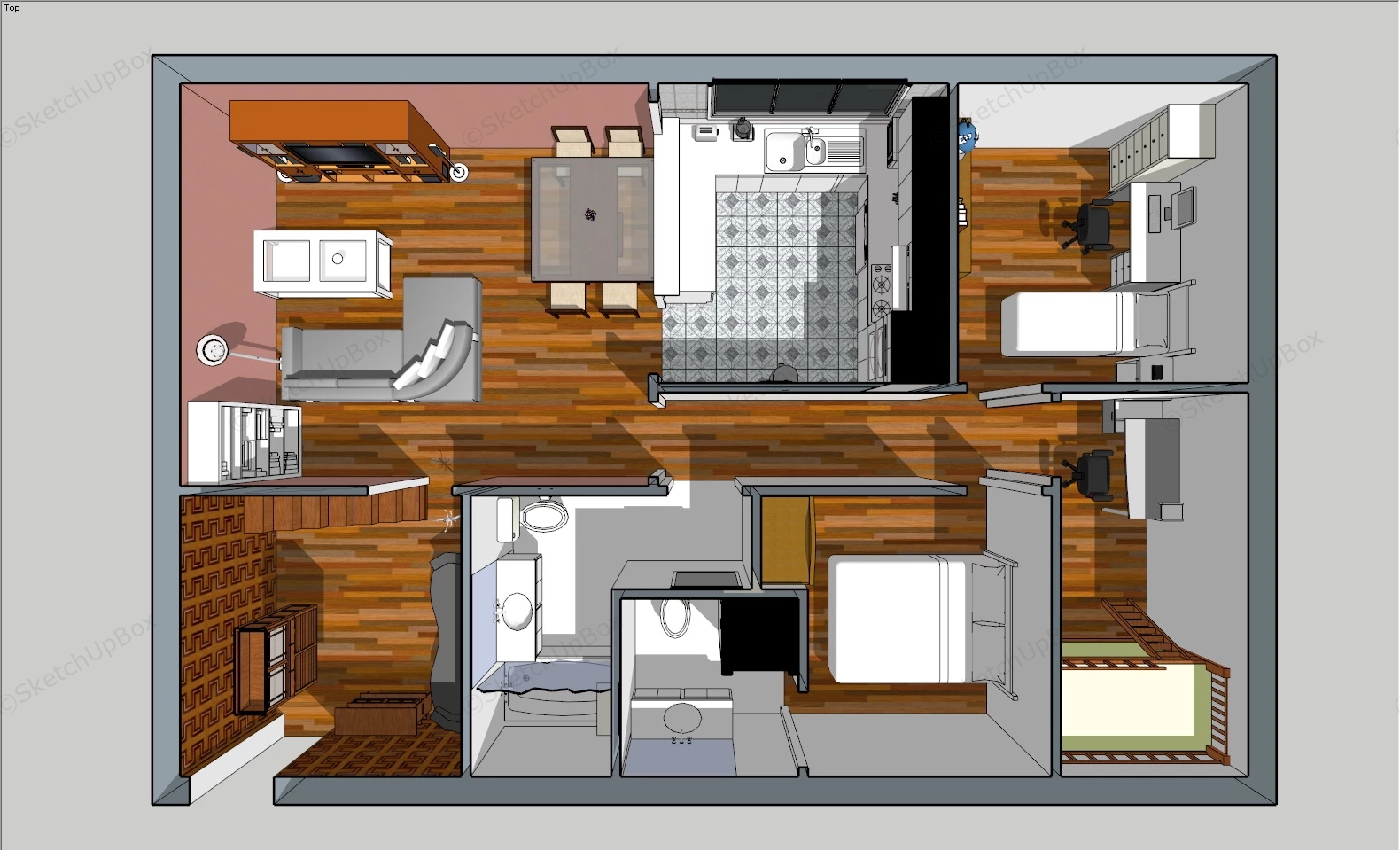 3 Bedroom Apartment Layout sketchup model preview - SketchupBox