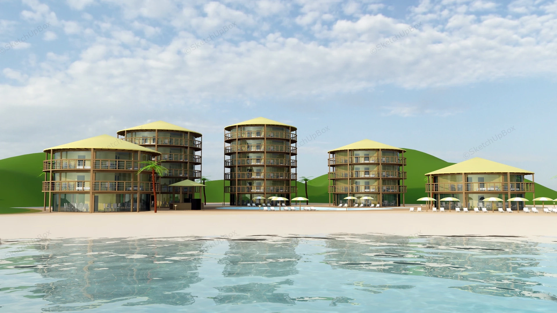 Beach Resort Hotel Buildings sketchup model preview - SketchupBox