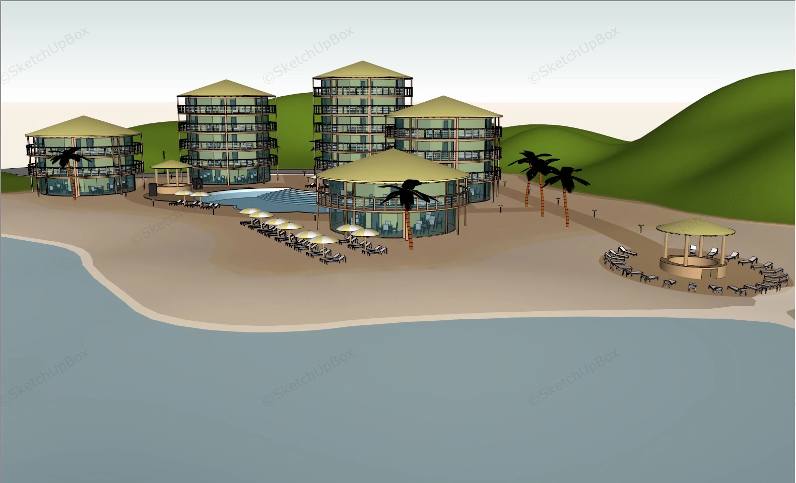 Beach Resort Hotel Buildings sketchup model preview - SketchupBox