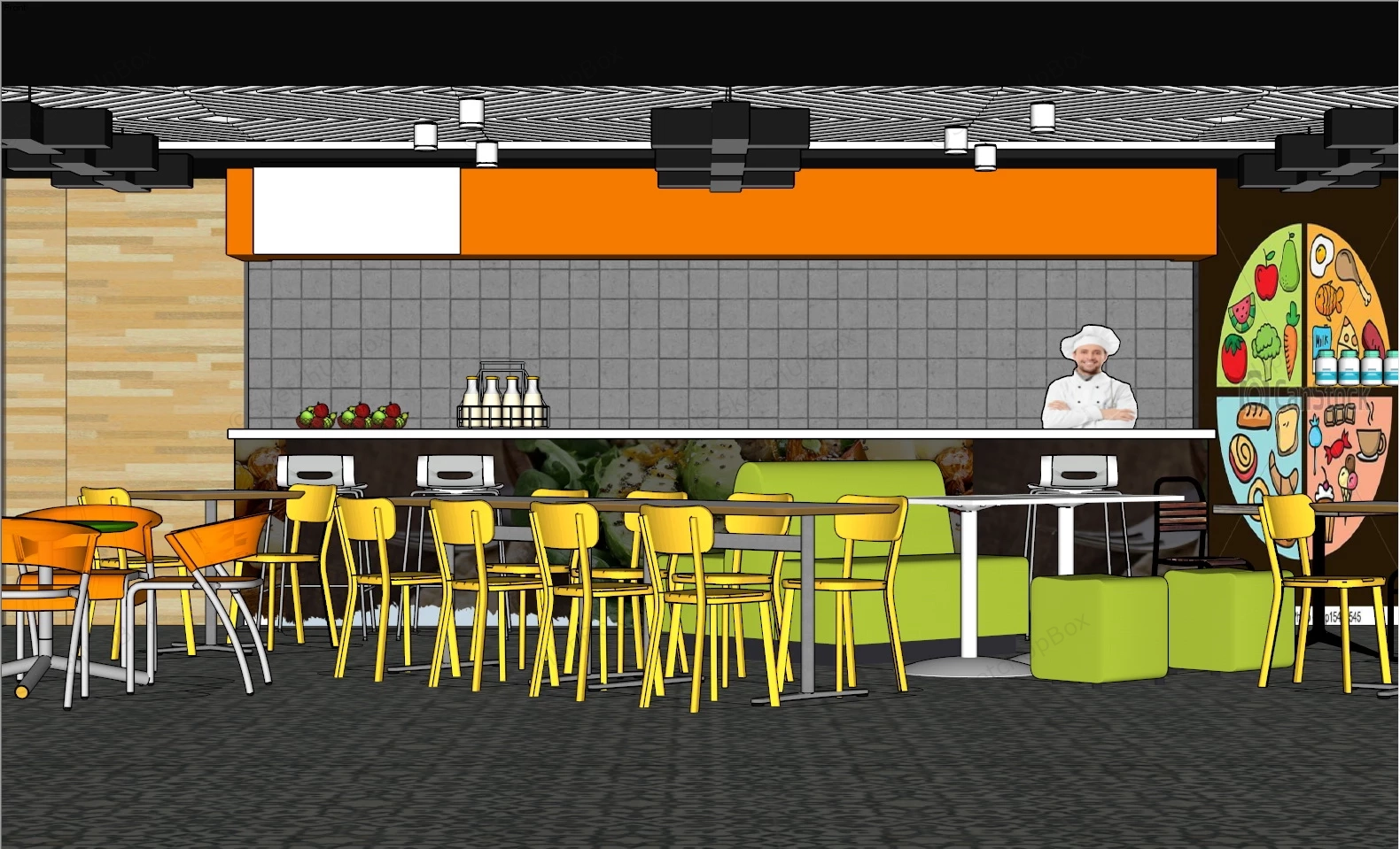 Modern Fast Food Restaurant Design sketchup model preview - SketchupBox