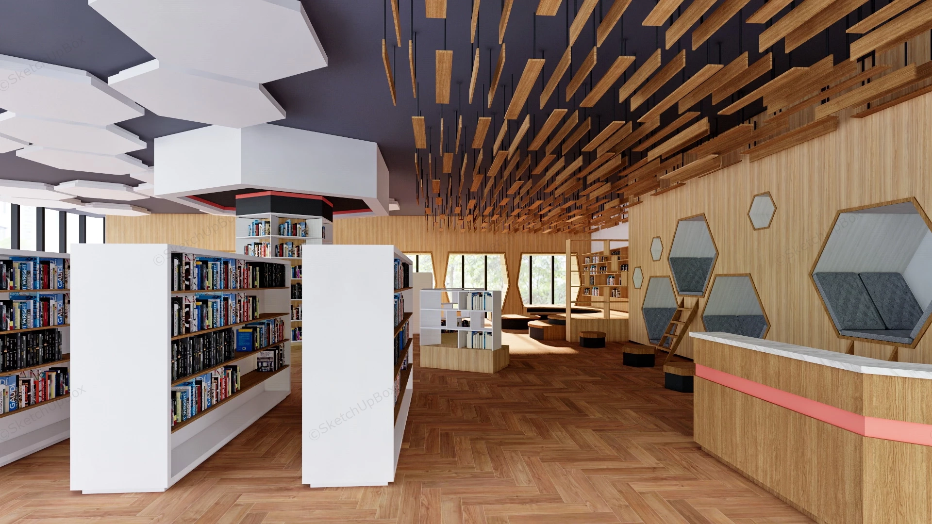 Modern Library Interior Design sketchup model preview - SketchupBox