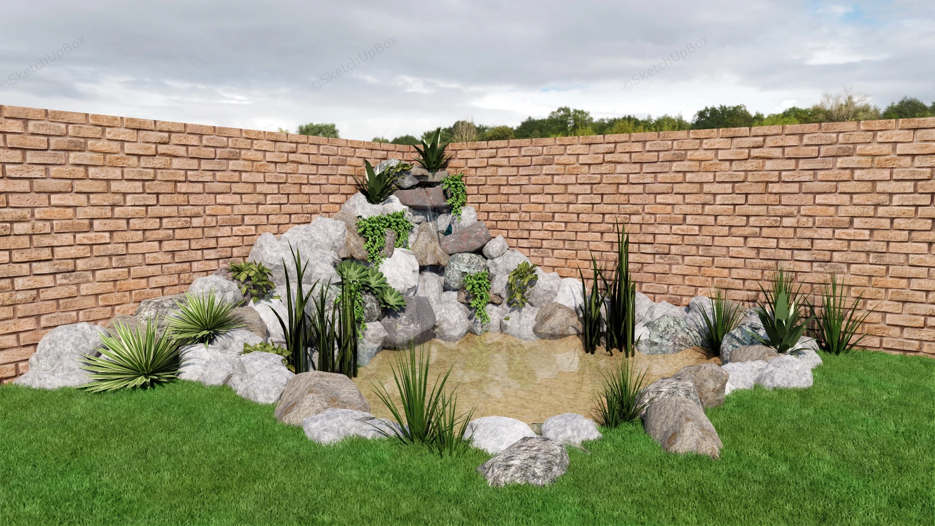 Small Garden Pond With Rock sketchup model preview - SketchupBox