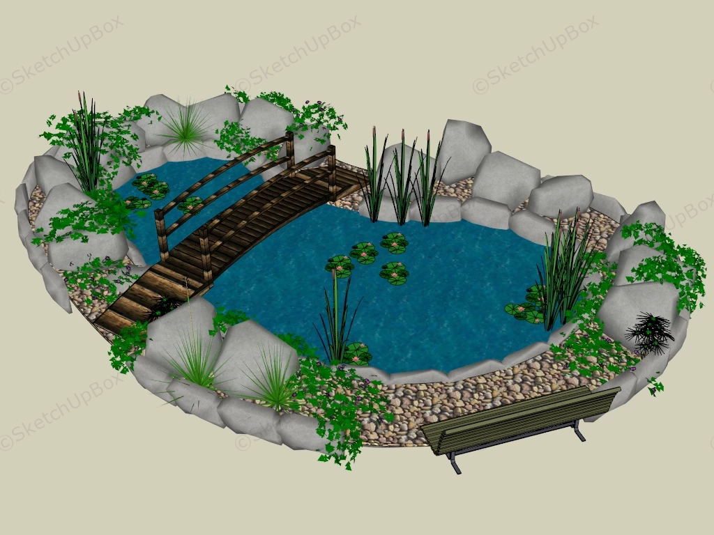 Garden Pond With Bridge sketchup model preview - SketchupBox