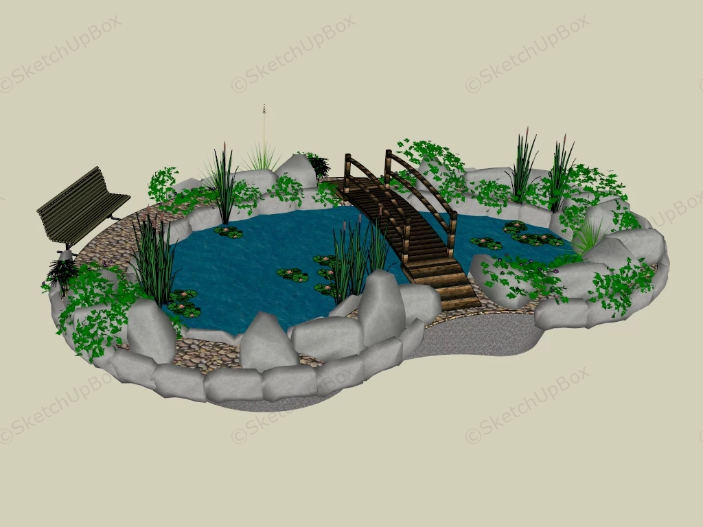 Garden Pond With Bridge sketchup model preview - SketchupBox