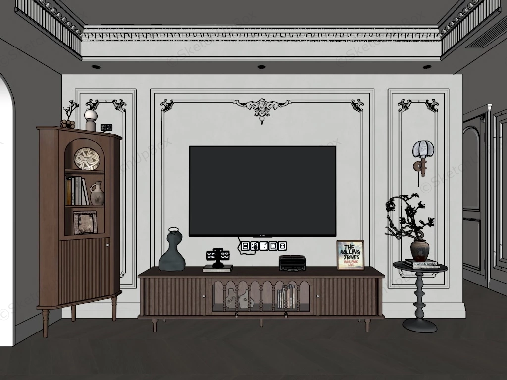 Antique Style TV Stand & Accent Wall sketchup model preview - SketchupBox