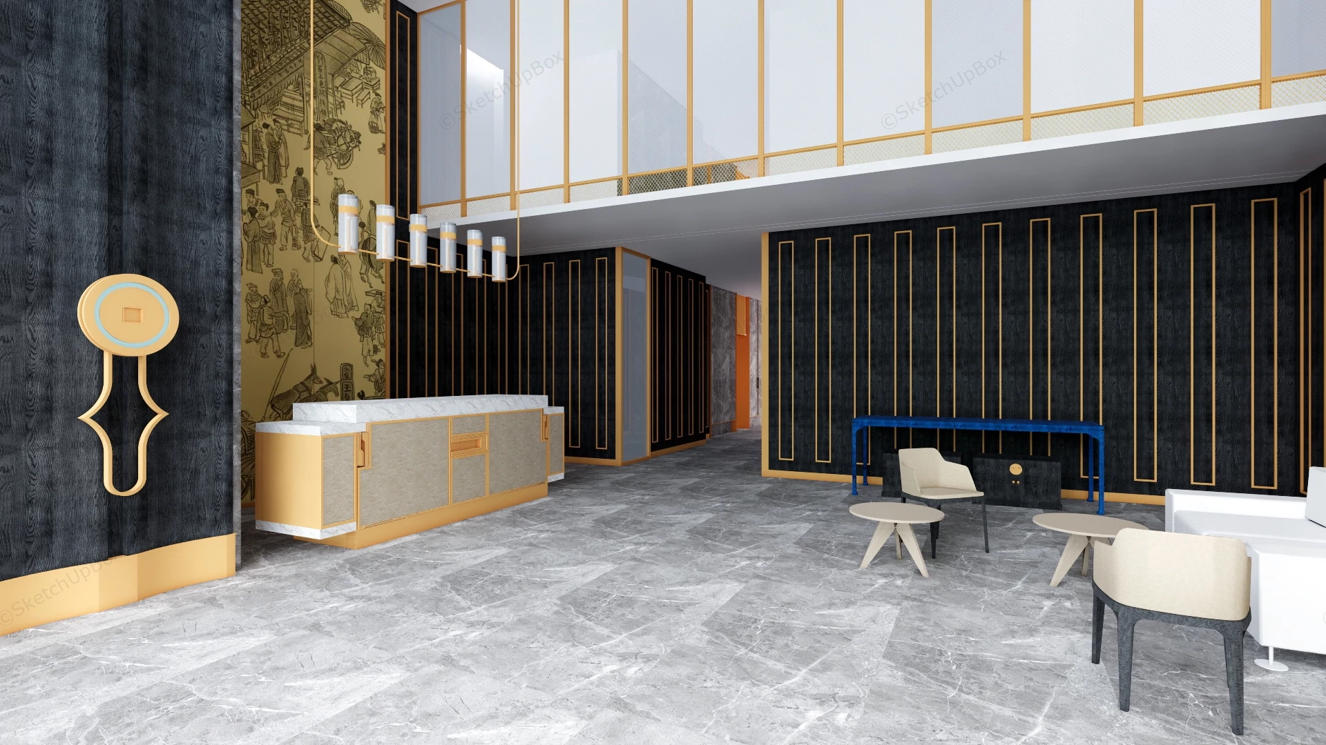 Oriental Style Interior Of Hotel Lobby sketchup model preview - SketchupBox