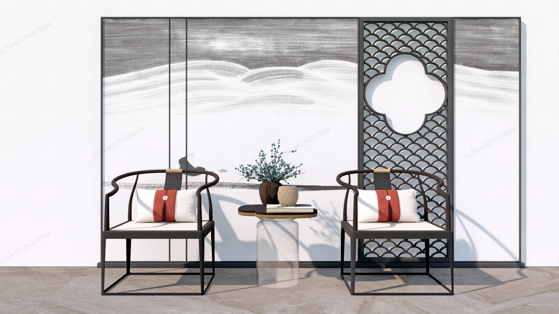 Chinese Style Accent Wall Living Room Idea sketchup model preview - SketchupBox