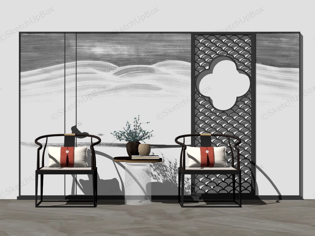 Chinese Style Accent Wall Living Room Idea sketchup model preview - SketchupBox