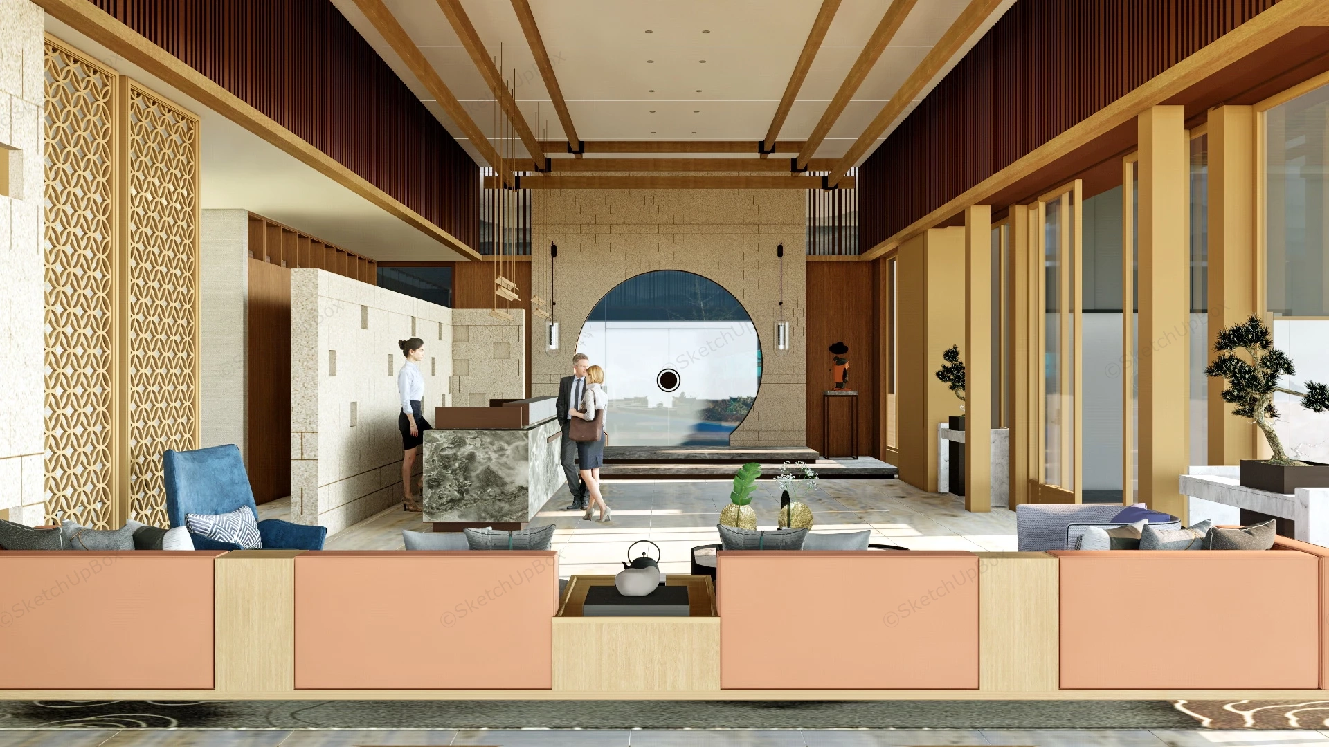 Chinese Style Hotel Lobby Design sketchup model preview - SketchupBox