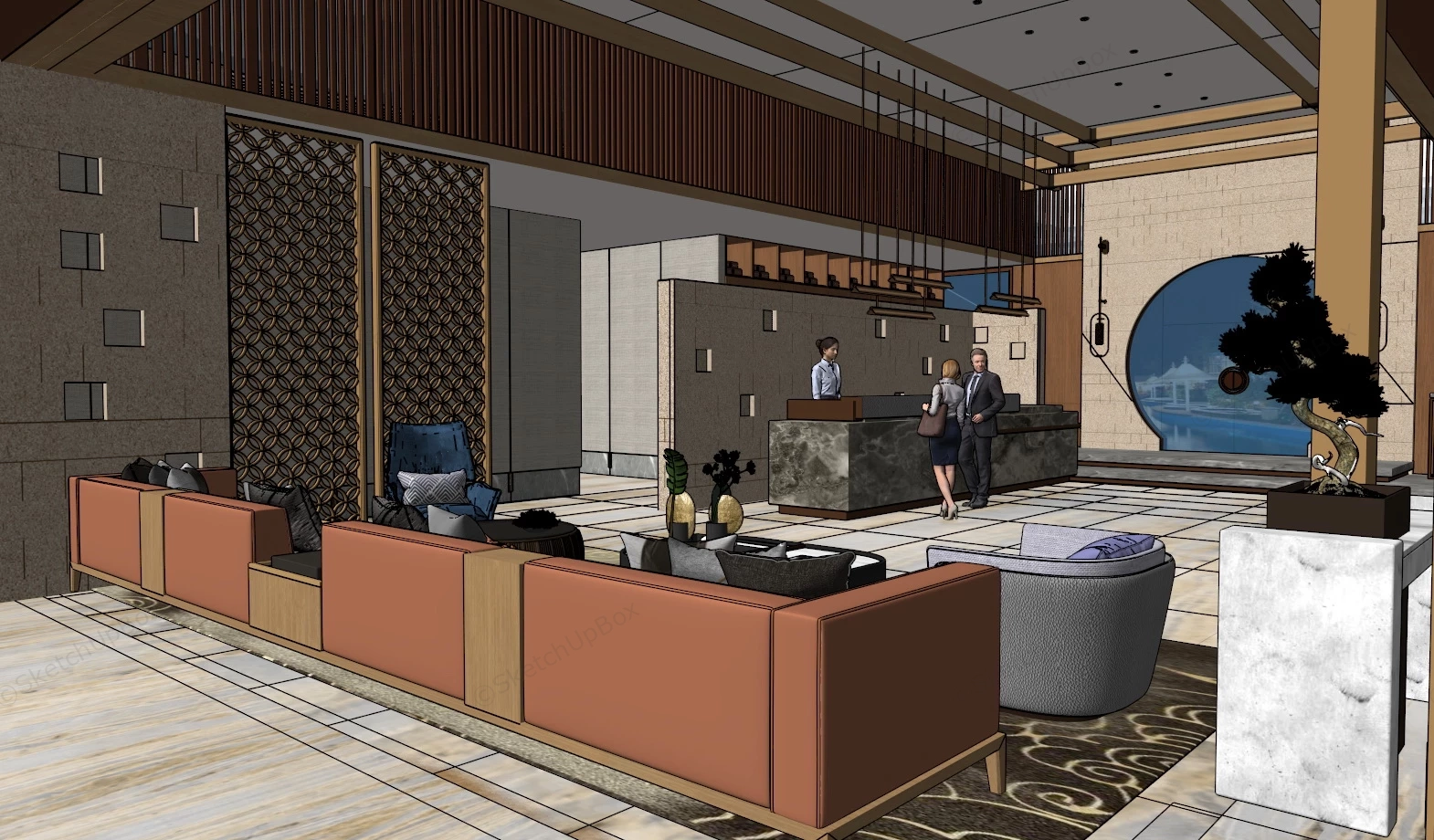 Chinese Style Hotel Lobby Design sketchup model preview - SketchupBox