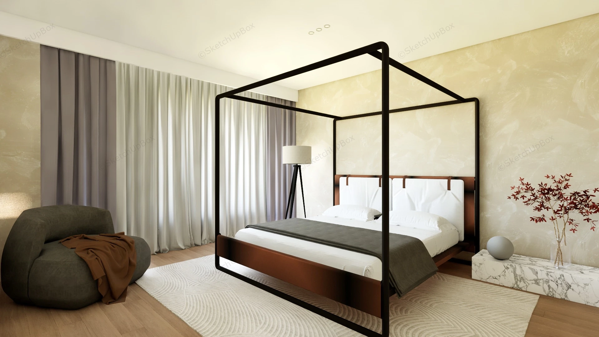 Contemporary Bedroom With Four Poster Bed sketchup model preview - SketchupBox