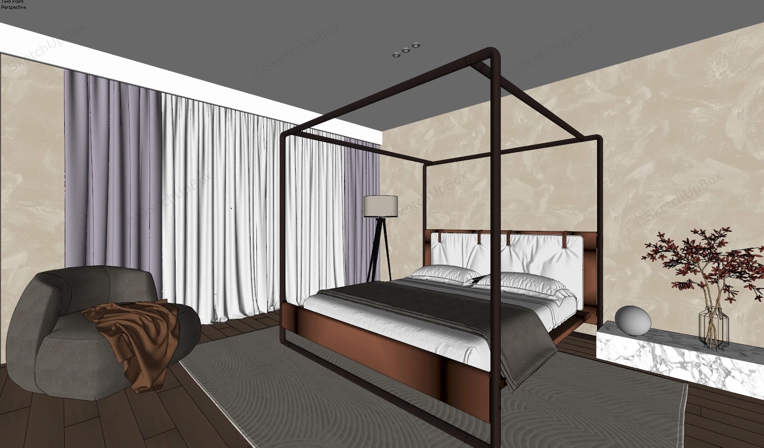 Contemporary Bedroom With Four Poster Bed sketchup model preview - SketchupBox