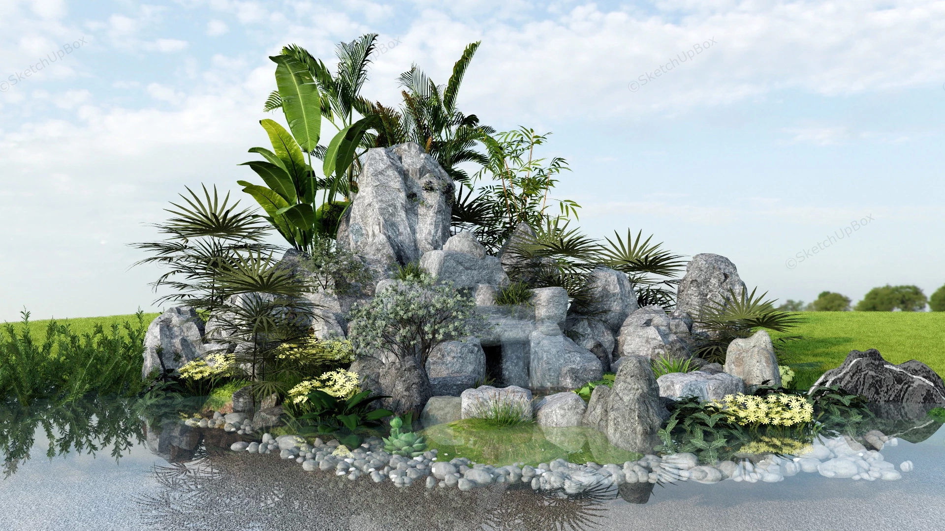 Rock Garden Waterfall Design Idea sketchup model preview - SketchupBox