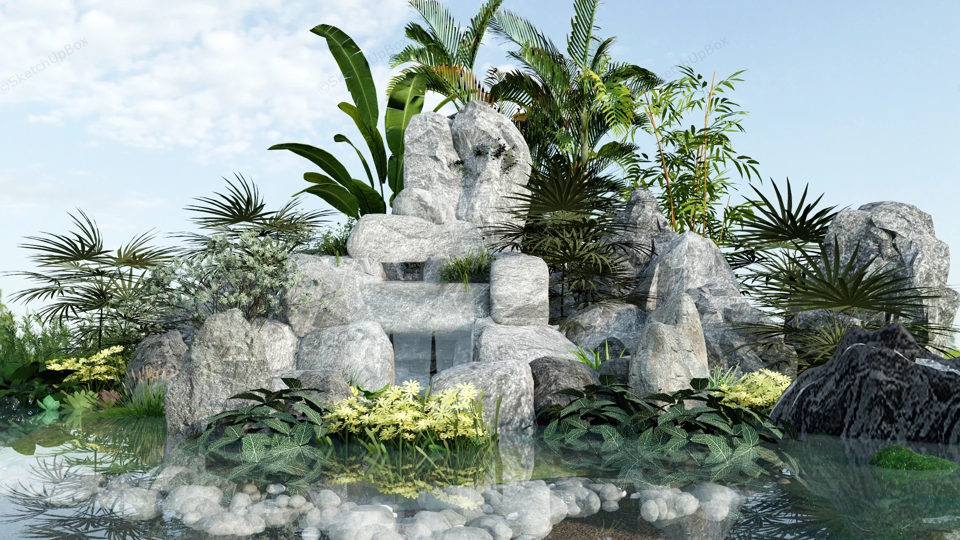 Rock Garden Waterfall Design Idea sketchup model preview - SketchupBox